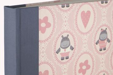 Photo album cute, for children, hippos and hearts pink, linen spine grey